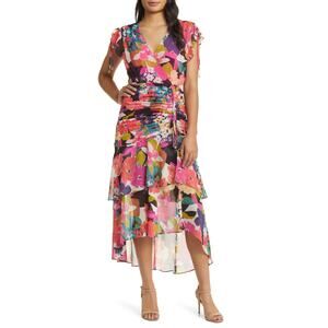TAHARI floral side ruched chiffon midi dress $160 retail!